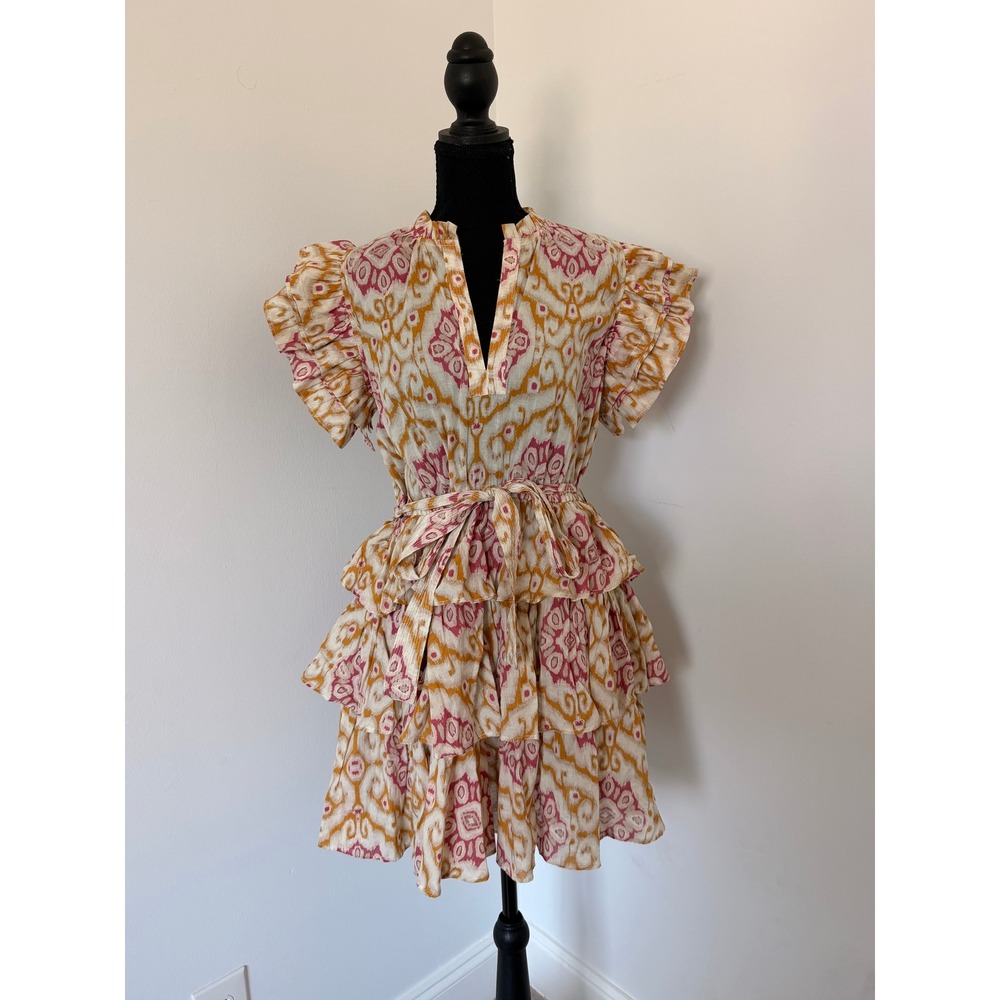 Elan Pink Yellow Ikat Print Tiered Ruffle Mini Dress Cotton Belted Size Medium